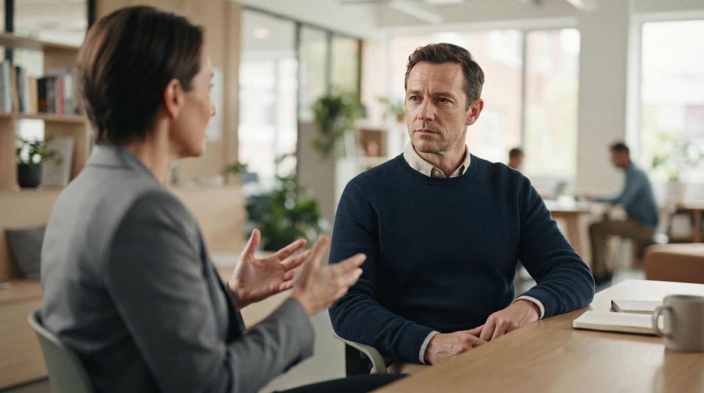 Лечение социопатии Психолог беседует с мужчиной